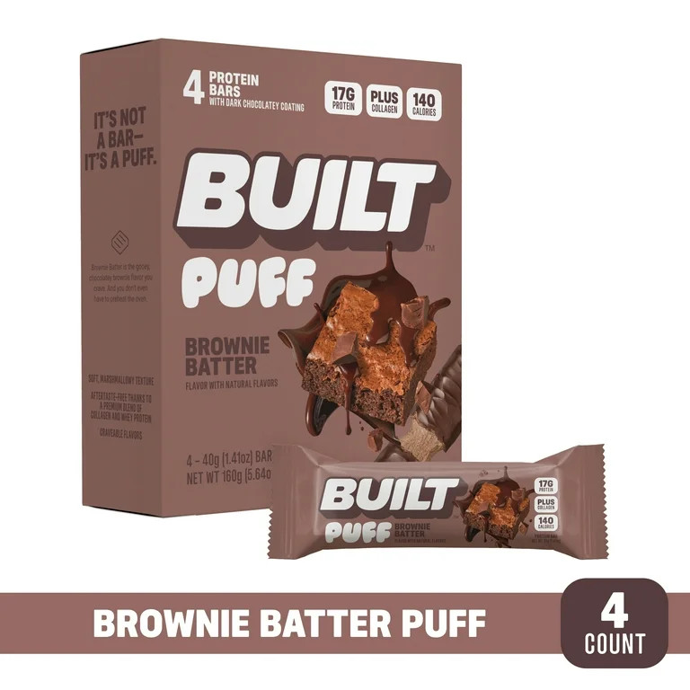 BUILT Puff Protein Bar, Brownie Batter, 17g Protein, Collagen, 140 Calories, 4 Count Box, 1.41 oz... | Walmart (US)