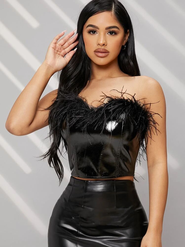 Faux Leather Fluffy Bust Corset Tube Top | SHEIN