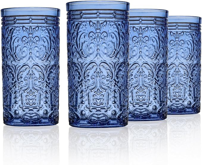 Godinger Highball Drinking Glasses, Tall Glass Cups Vintage Design - Jax Collection, Blue, Set of... | Amazon (US)