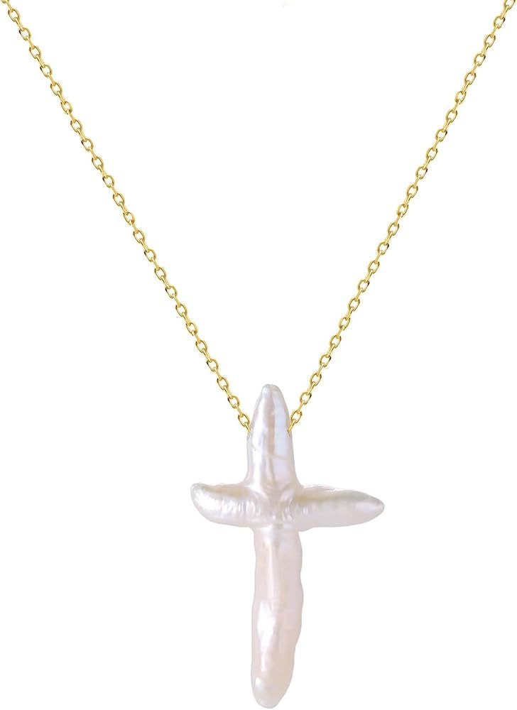 Pearl Cross Necklace for Women Freshwater Natural Chunky Baroque Pearl Necklaces Big 18K Gold Pla... | Amazon (US)