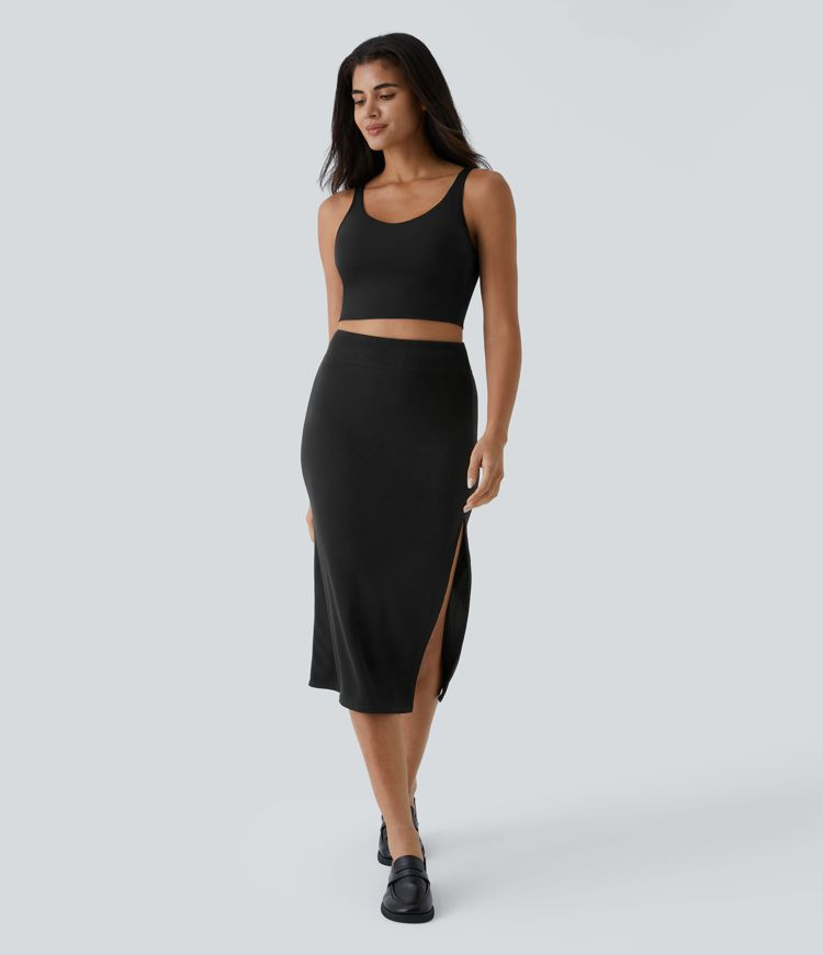 Women’s Ribbed High Waisted Split Bodycon Midi Casual Skirt - Halara | HALARA