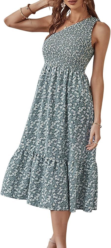 Yinos One Shoulder Sleeveless Dress for Women Summer Floral Ruffle Vintage High Waist Elastic Bus... | Amazon (US)
