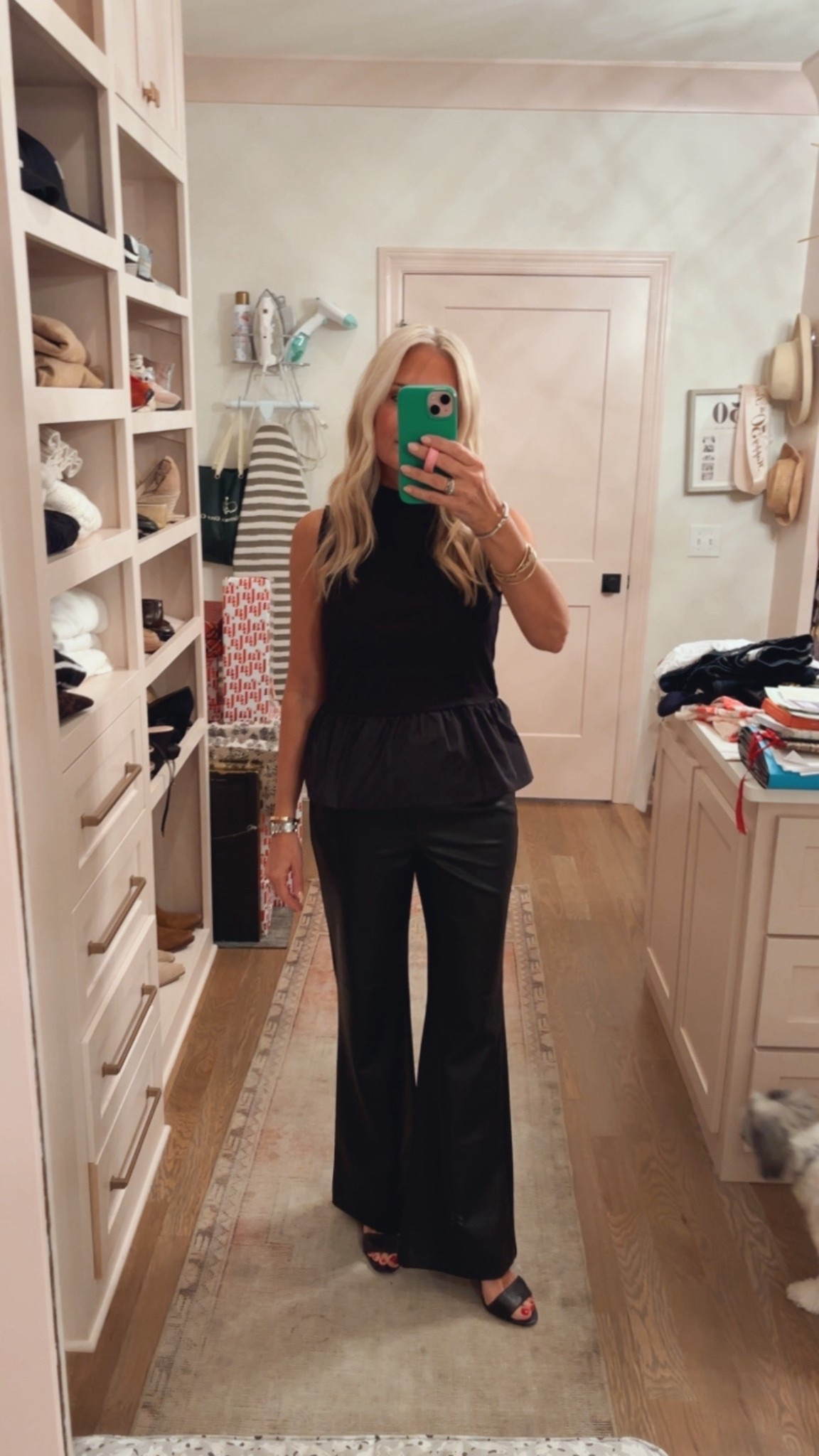 Christmas dinner with sweet friends tonight. Vegan leather pants and a peplum top. 