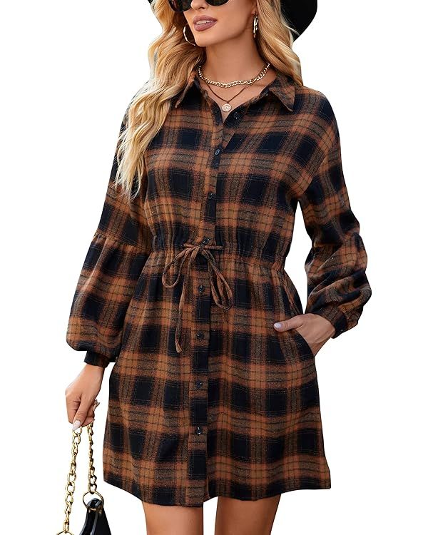 Blooming Jelly Womens Plaid Dress Flannel Puff Sleeve Dress Button Down Casual Dresses for Women ... | Amazon (US)