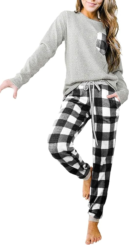 Artfish Women's Loungewear Outfits Pjs Long Sleeve Tops and Buffalo Plaid Joggers Pants Pajamas S... | Amazon (US)