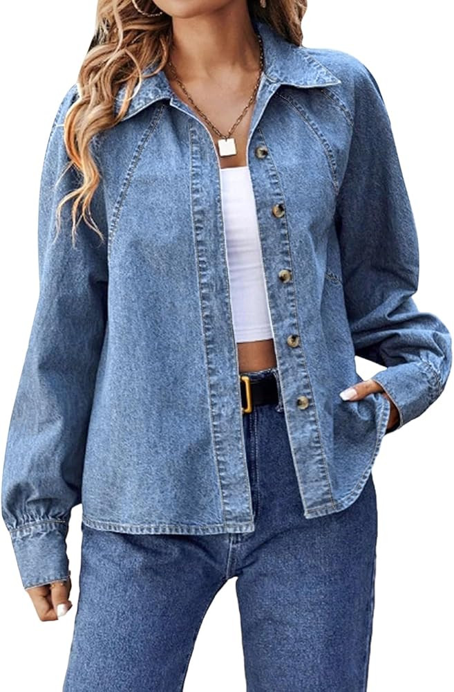 Sidefeel Womens Denim Shirt Button Down Long Sleeve Oversized Seam Panel Jean Denim Tops | Amazon (US)