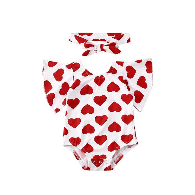 Newborn Baby Girl Valentine's Day Outfits Short Ruffle Sleeve Heart Print Romper with Headband | Walmart (US)