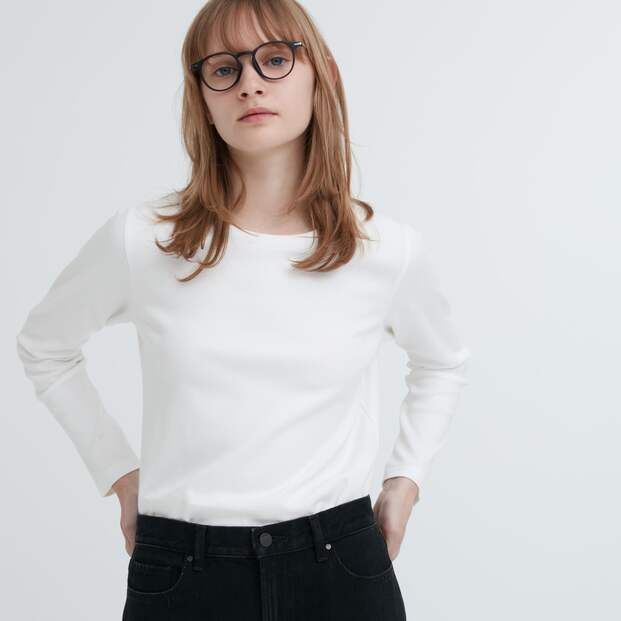 Women Smooth Cotton Stretch Crew Neck Long Sleeved T-Shirt | UNIQLO (UK)