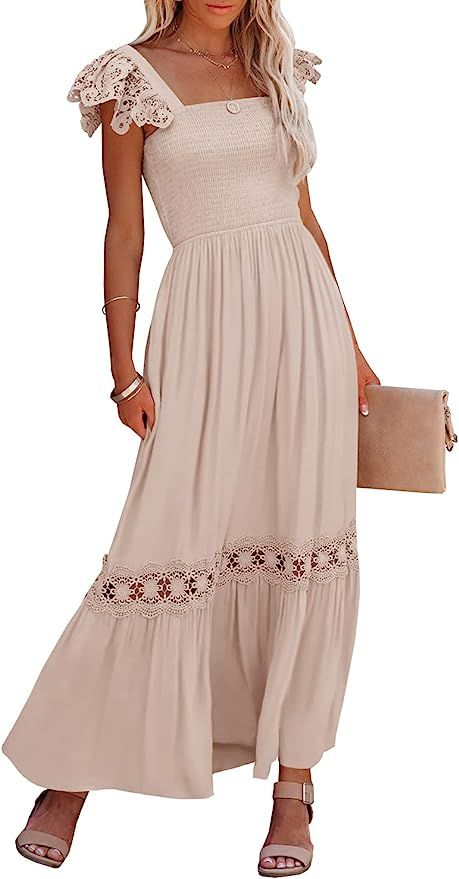 Ferlema Womens Summer Boho Lace Strap Sleeveless Square Neck Ruffle A Line Flowy Beach Long Maxi ... | Amazon (US)