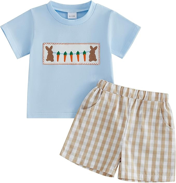 Toddler Baby Boy Clothes Summer Outfits Embroidery Smocked Short Sleeve Shirt T-Shirt + Gingham S... | Amazon (US)