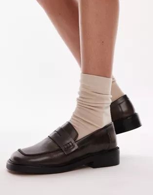 Topshop Cole premium leather square toe loafers in brown | ASOS | ASOS (Global)