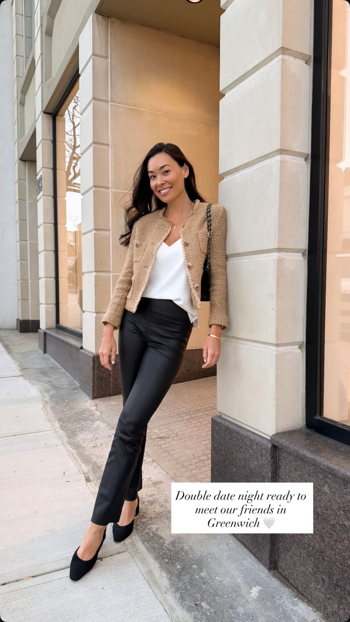Date night outfit, Mango jacket, Chanel sling back pumps, leather leggings, classic outfit, workwear. 

#LTKootd #LTKdayinmylife #LTKWorkwear