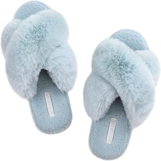 ULTRAIDEAS Women's Fuzzy Cross Band House Slippers with Cozy Faux Fur, Ladies Open Toe Indoor Out... | Amazon (US)