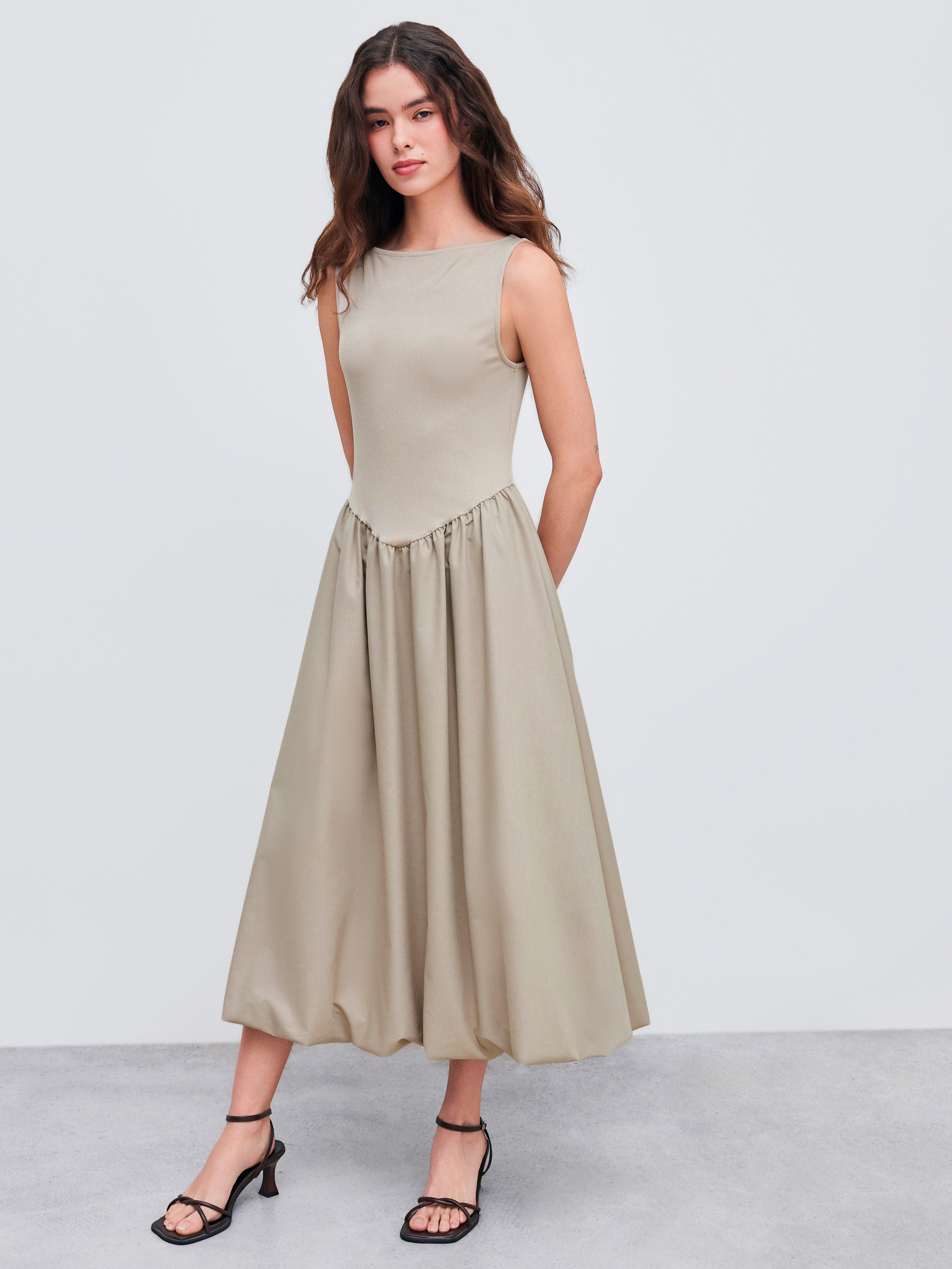 Boat Neck Solid Bubble Hem Sleeveless Midi Dress | Cider