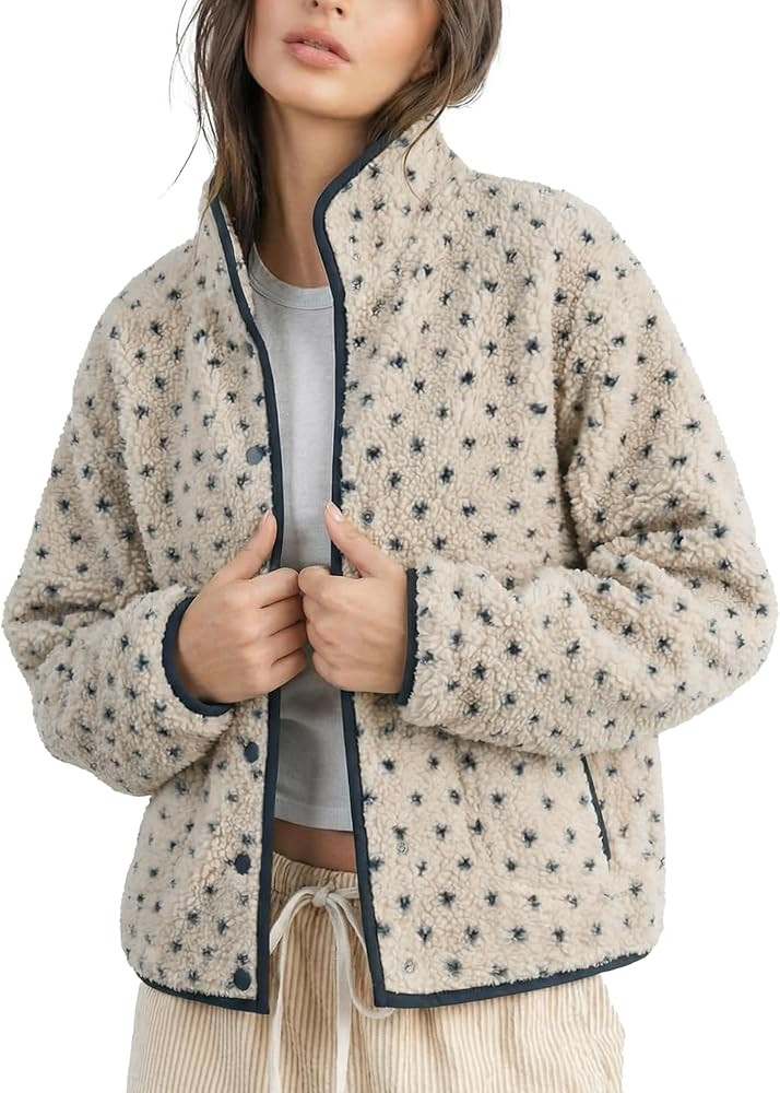Slouchy Fleece Jacket Women Long Sleeve Button Down High Neck Polka Dot Puffer Jackets Sherpa Ove... | Amazon (US)