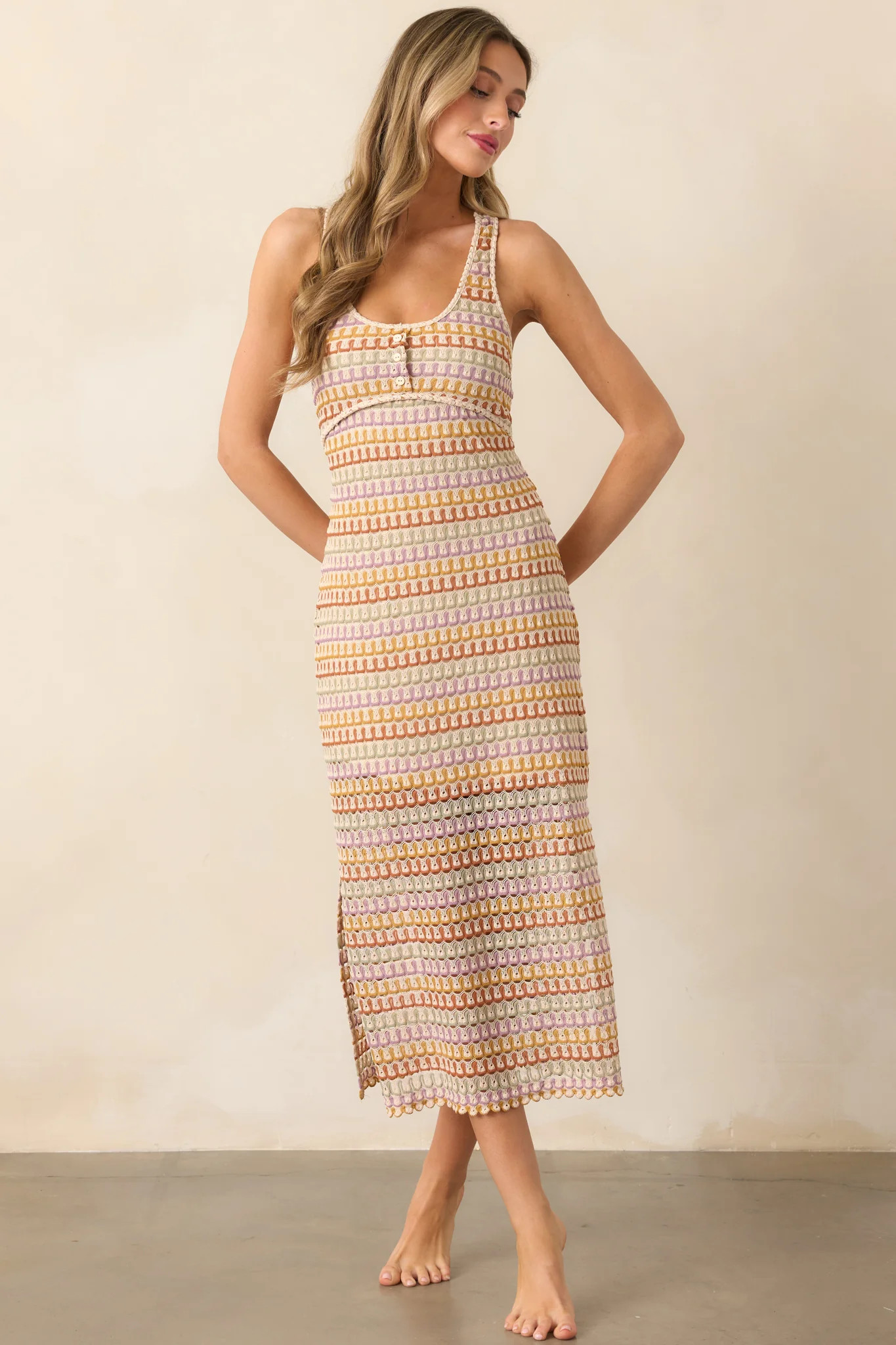 It's My Day Natural Multi Crochet Midi Dress | Red Dress