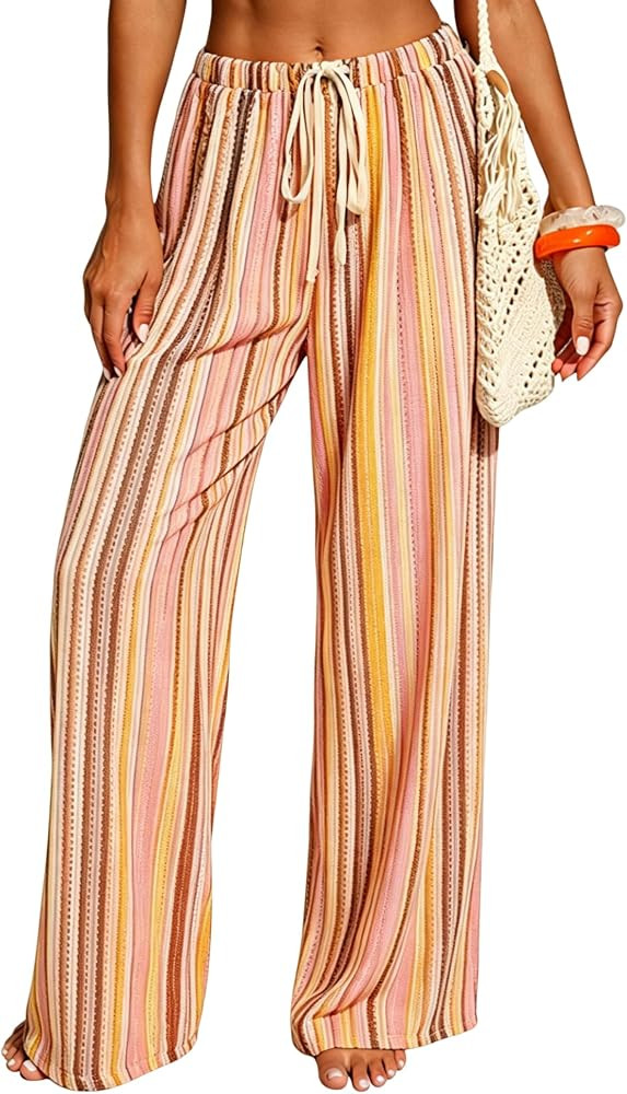 ZAFUL Womens Beach Cover Up Pants Sexy Crochet Drawstring Elastic Boho Swimsuit Cover Up Long Pants Beach Wear | Amazon (US)