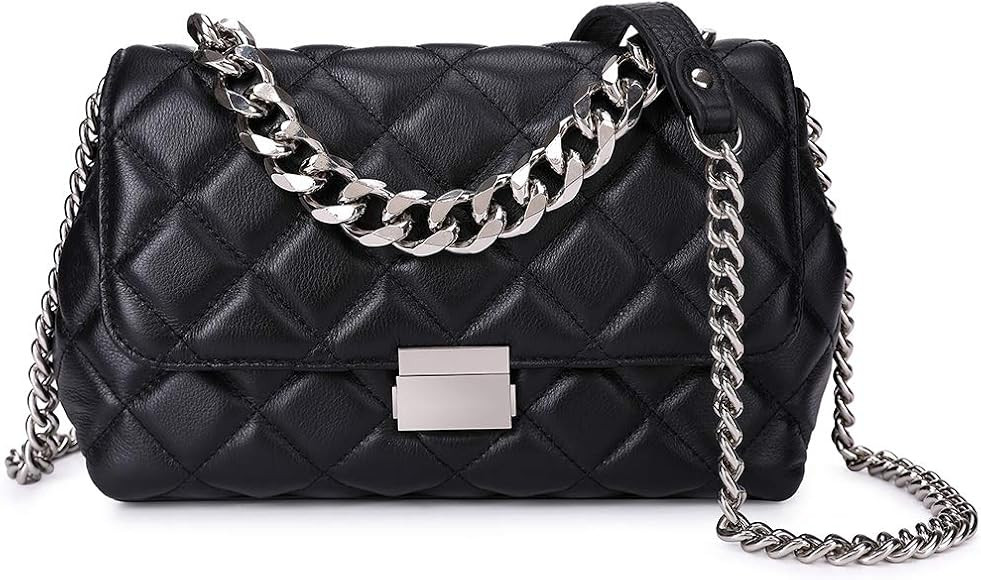 Quilted Purse For Women Genuine Leather Shoulder Designer Handbags with Metal Chain Strap And Fla... | Amazon (US)