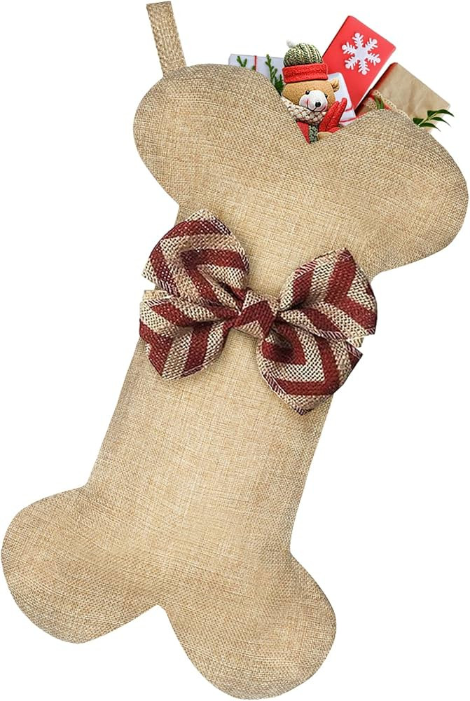 Malier New Linen Large Christmas Stocking for Dogs Cats Pets Jute Natural Burlap Dog Bone Shape H... | Amazon (US)