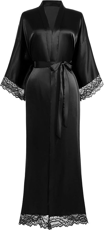 BABEYOND Satin Kimono Robe Silky Long Bridesmaid Wedding Lightweight Bath Robe with Lace Trim | Amazon (US)