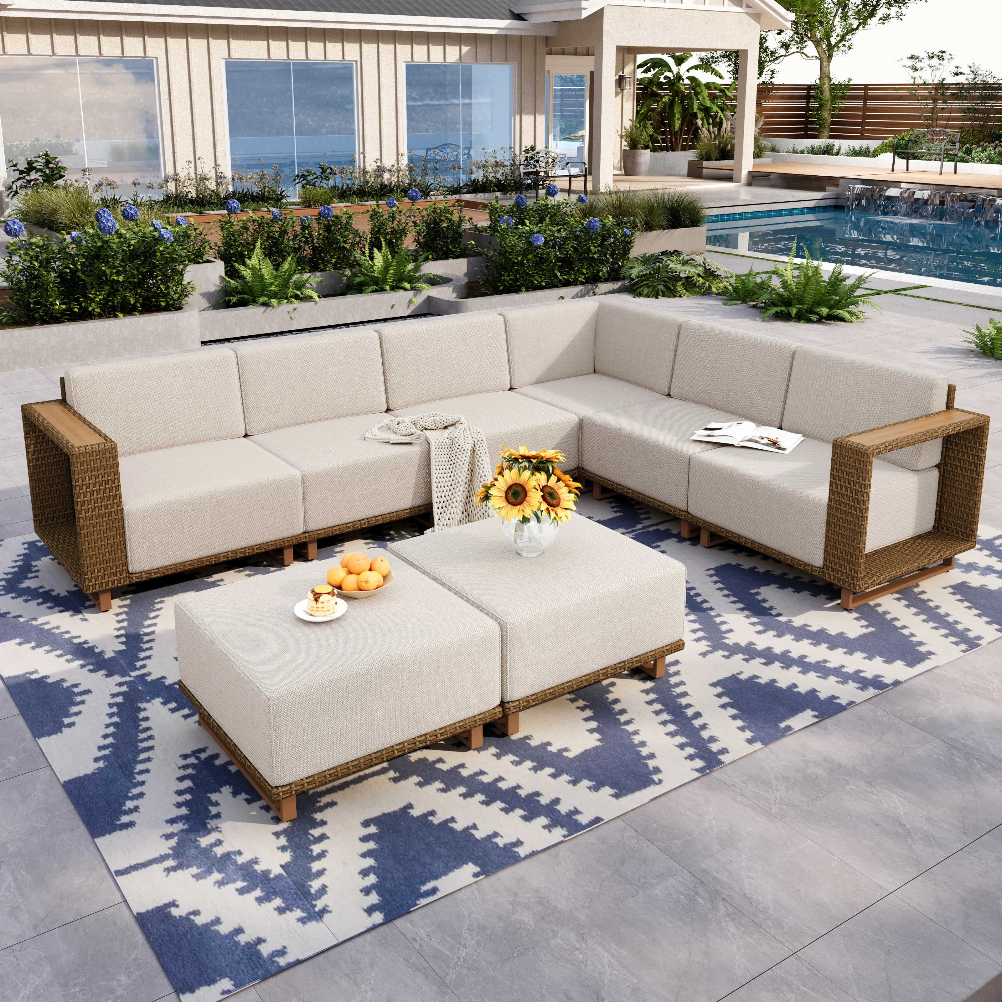 Beige L-Shaped Modular Outdoor Sectional Sofa Wicker Patio Furniture Set with Ottomans. Features ... | Wayfair North America