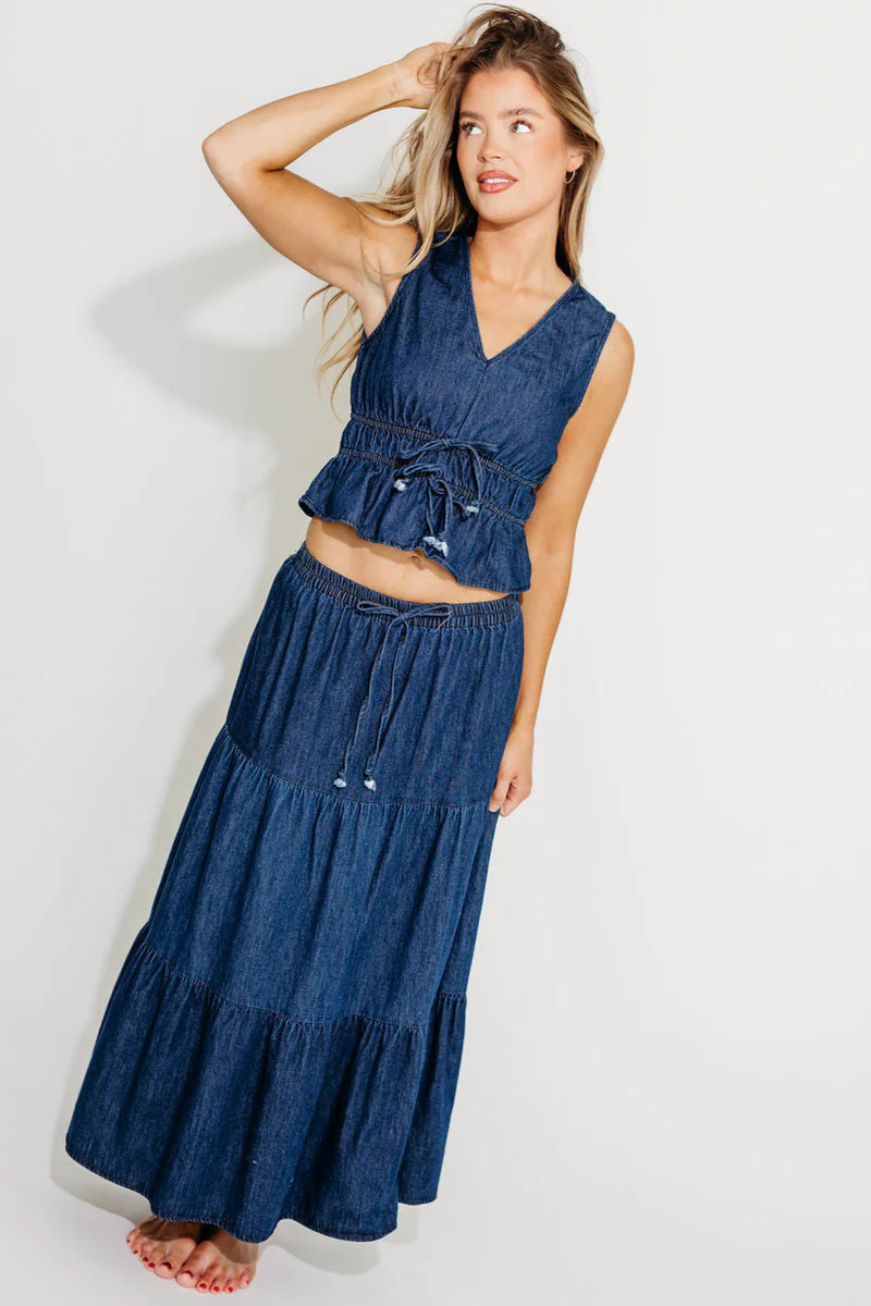 Noah 100% Cotton Peplum Top and Midi Skirt Set in Denim | Worth Collective