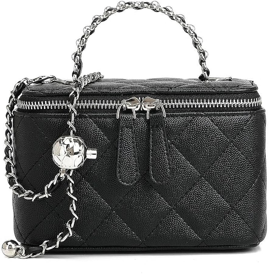 Quilted Vanity Bag for Women, Mini Box Crossbody Purse with Pearl Chain Top Handle, Designer-Insp... | Amazon (US)