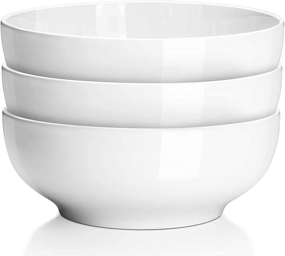 DELLING 60 Oz Large Serving Bowls Set, 8" White Soup Bowls Big Salad Bowls for Kitchen, Ceramic Mixing Bowls For Pasta, Soup, Fruit Vegetable, Ramen, Microwave & Dishwasher Safe, 3 Pack | Amazon (US)