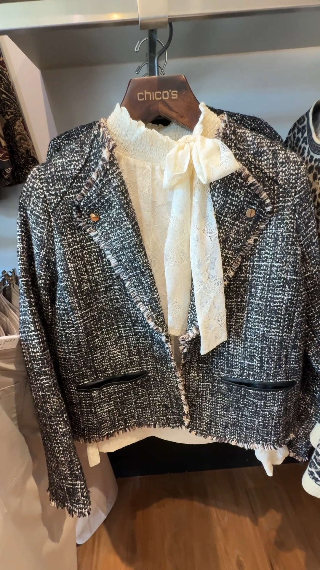 Tweed mix moto jacket. 
Matte faux leather piping, lapel snaps, a subtle fringe trim, and silky soft lining help define this Tweed Mix Moto Jacket. Cut for a shorter fit. Size SM-XXL

this elegant Tie-Neck Banded-Bottom Top.  Showcasing a knit lace fabrication and intricate construction—featuring a banded bottom and tie-neck for the ultimate in quiet luxury.
SIZES SM-XXL


#LTKOver40 #LTKSaleAlert #LTKWorkwear