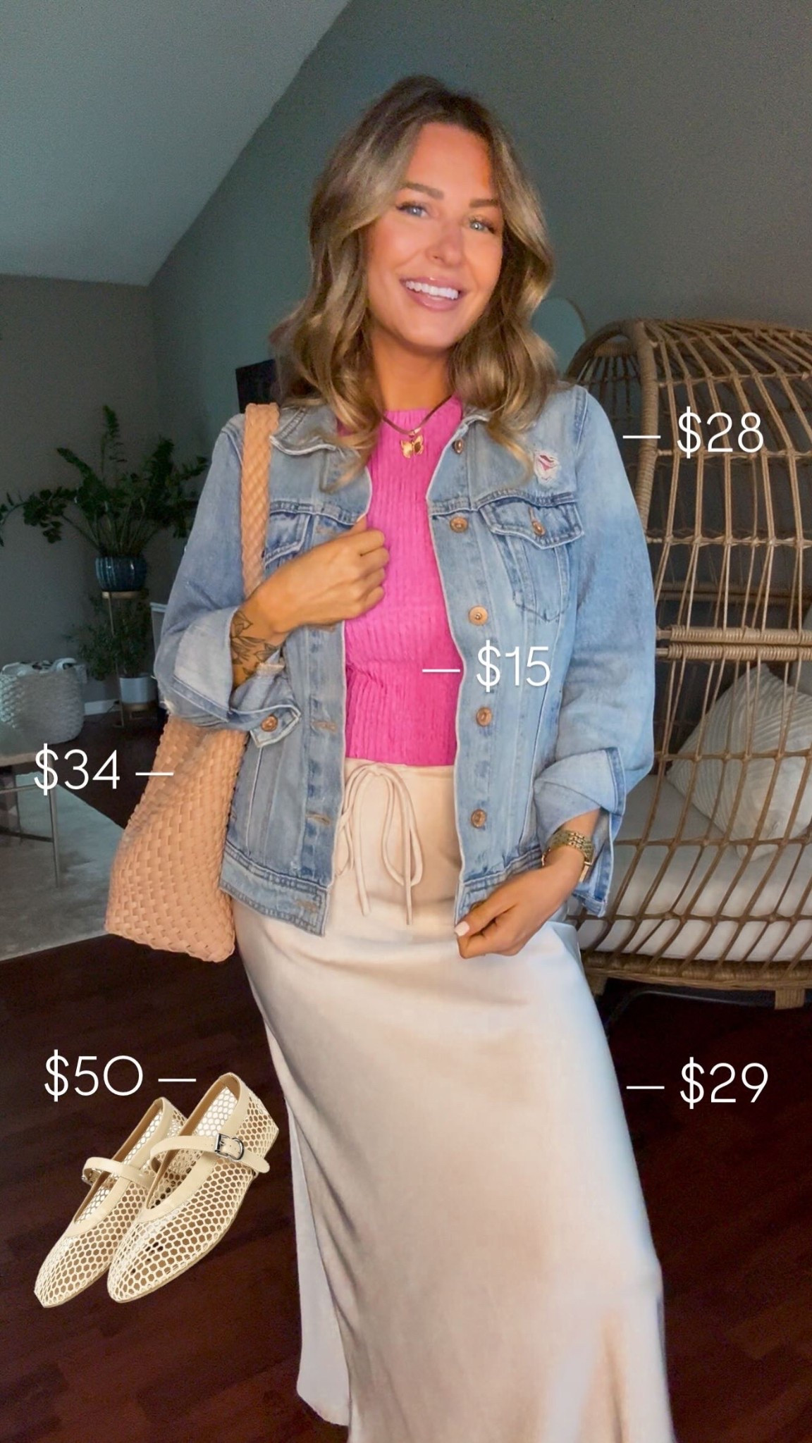 Affordable Amazon Outfit!! 🩷 mesh flats, satin midi skirt, $15 ribbed tank, woven tan handbag and jean jacket. Perfect summer to fall look! 

#LTKItBag #LTKFindsUnder50 #LTKStyleTip