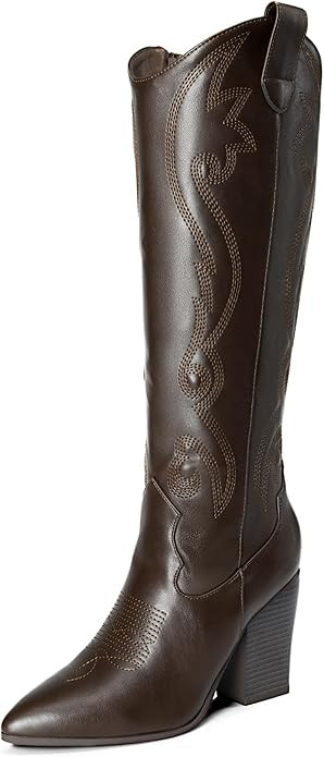DREAM PAIRS Cowboy Boots For Women, Comfortable Pull On Zipper Chunky Heel Pointed Toe Embroidere... | Amazon (US)