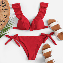Ruffle Plunging Top With Tie Side Bikini Set | SHEIN