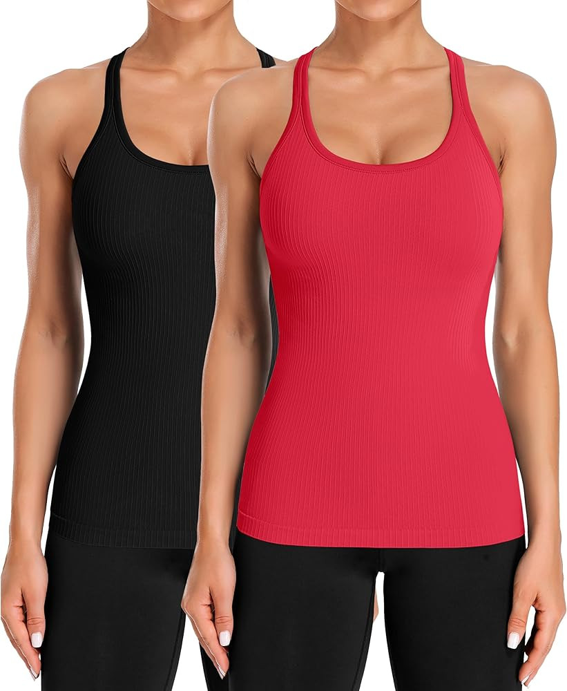 ATTRACO 2 Pack Ribbed Workout Tank Top with Built in Bra for Women Tight Fit Seamless Yoga Top | Amazon (US)