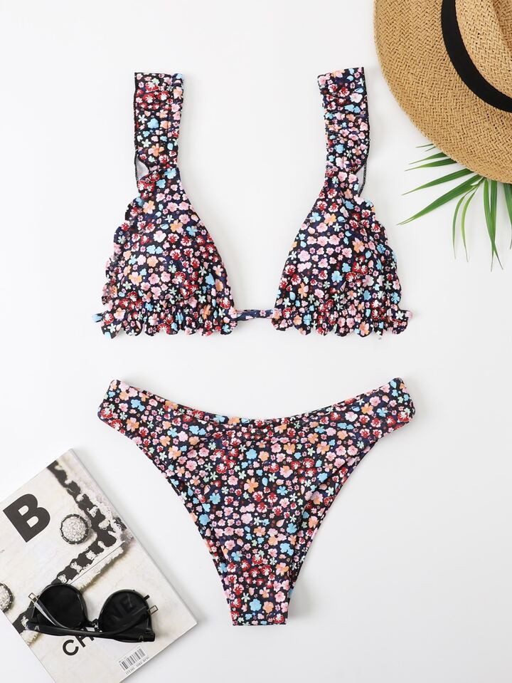 SHEIN Swim Ditsy Floral Frill Trim Bikini Swimsuit | SHEIN