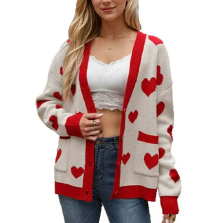 Valentine's Day Cardigans for Women Cute Heart Printed V-Neck Button Down Cardigan Sweaters with Pockets Shermie | Walmart (US)