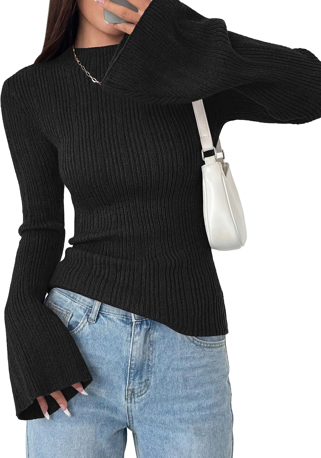 PRETTYGARDEN Womens Bell Long Sleeve Tops Mock Neck Sweaters | Amazon (US)