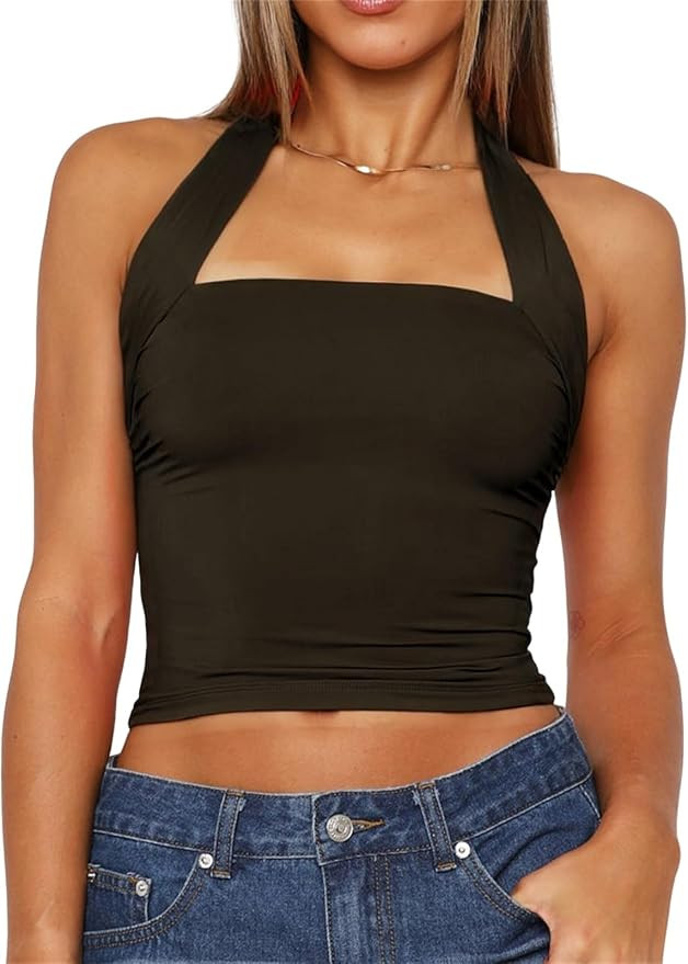 ForeFair Women Halter Neck Backless Crop Top Sexy Y2K Sleeveless Tank Top Open Back Slim Fit Tops | Amazon (US)