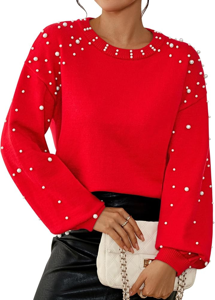 Pink Queen Pearl Sweater for Women 2025 Fashion Fall Winter Chunky Crewneck Lantern Sleeve Loose ... | Amazon (US)