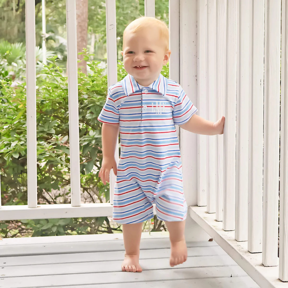 Patriotic Play Red & Blue Stripe Polo Romper | Classic Whimsy
