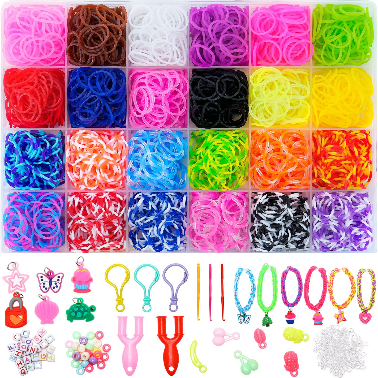 XKDOUS 24 Colors Rubber Band Bracelet Kit, Rubberband Bracelet Making Kit for Kids Ages 6+ | Amazon (US)
