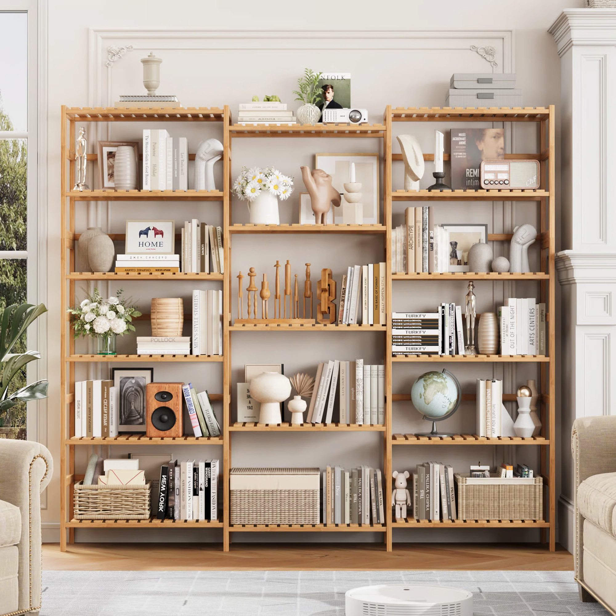 Kirklyn 63.4" H Bamboo Triple Wide Bookcase with 17 Shelves, Modern Wood Storage Shelf Organizer | Wayfair North America