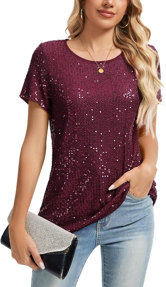 MINTLIMIT Women Sequin Tee Shirts Sparkle Glitter Round Neck Short Sleeve Crop Sexy Tops | Amazon (US)
