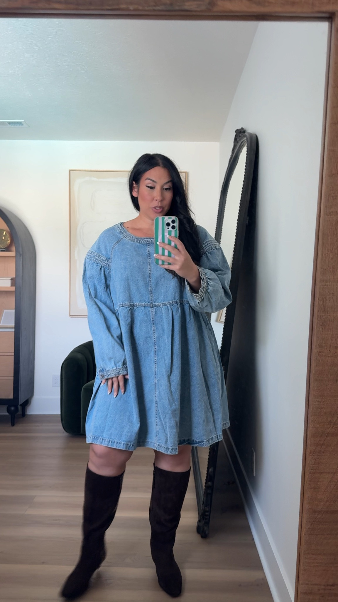 I love an oversized swing denim dress moment but not sure about this one! Wearing a XL! midsize, fall fashion, fall style, walmart skirt, plaid skirt, trending fall, affordable fashion, walmart fashion 

 #LTKSeasonal #LTKMidsize