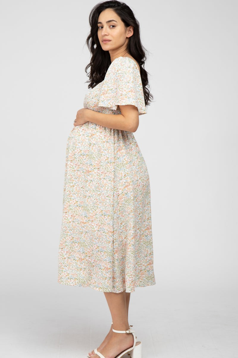 Cream Floral Smocked Square Neck Maternity Midi Dress | PinkBlush Maternity