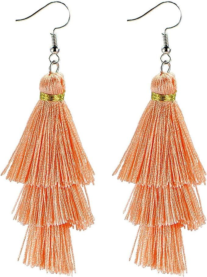 AD Beads Fashion Charm Crystal Silk Tassel 3 Layers Fan Fringe Dangle Earrings designer costume j... | Amazon (US)