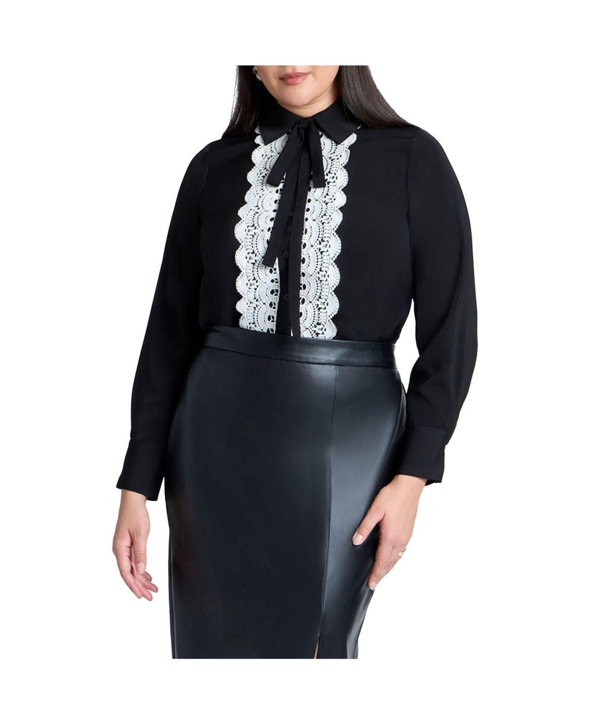 Eloquii Women's Collared Shirt With Lace-Trimmed Placket - Black | Macy's