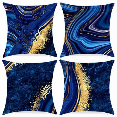 Navy Blue Cushion Covers - Set of 4 | Decorative Throw Pillowcases| Gold Accent Sofa Pillow Covers for Living Room & Bedroom | Wayfair North America