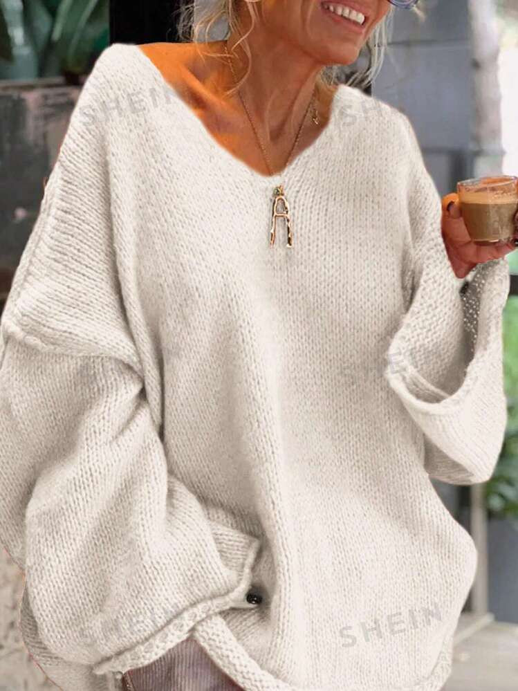 SHEIN EZwear 1pc Women Solid V Neck Casual Pullover Long Sleeve Sweater | SHEIN