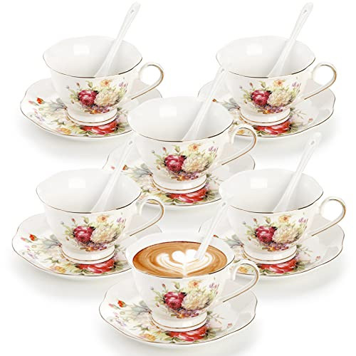 Foraineam Floral Tea Cup with Saucers and Spoons Set of 6 - Coffee Cups and Saucers with Gold Trim - 6 oz Porcelain Ivory Latte Cup and Espresso Mug for Coffee Drinks and Tea | Amazon (US)