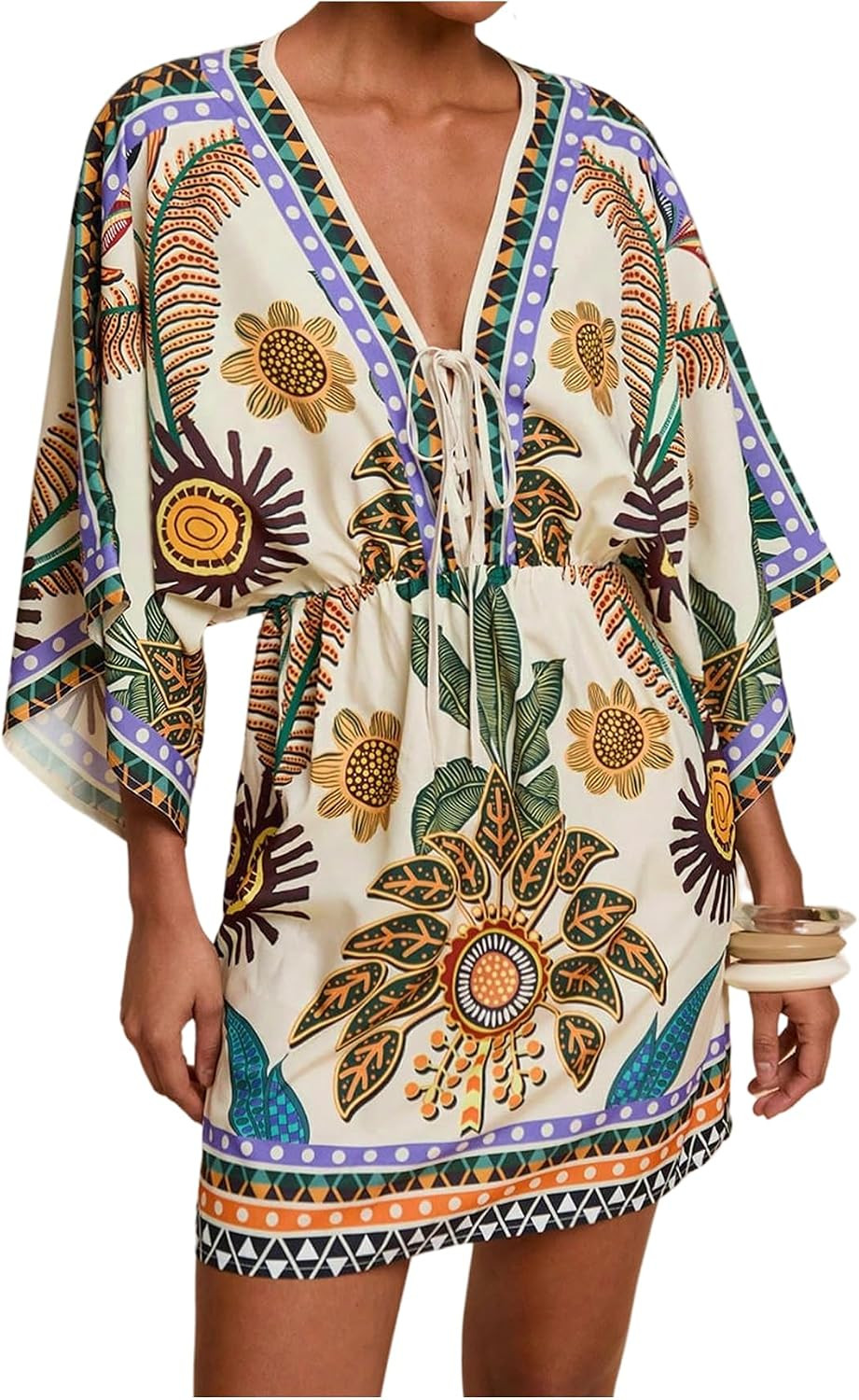 WDIRARA Women's Boho Floral Mini Dress Tie Front V Neck 3/4 Sleeve Vacation Dresses | Amazon (US)